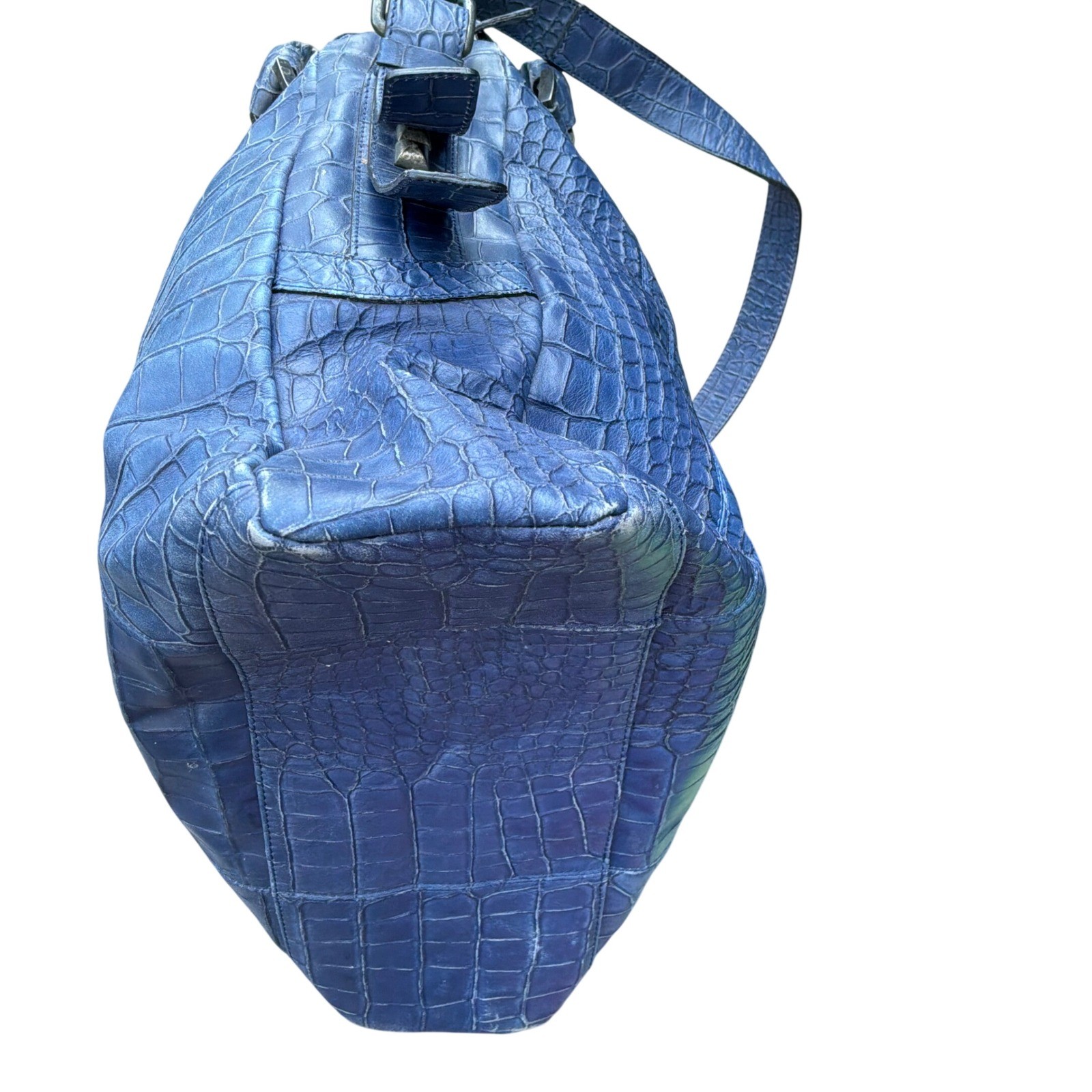 Falor Tote Bag Large Blue Croc Embossed Leather Braided Handles Made in Italy