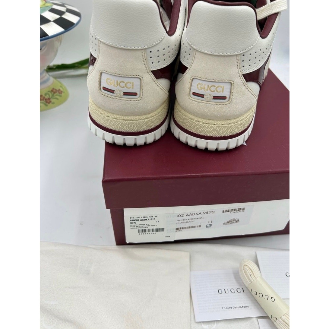 Men’s Gucci re-web sneakers in white leather and patent trim sz 11 fits 11.5 US