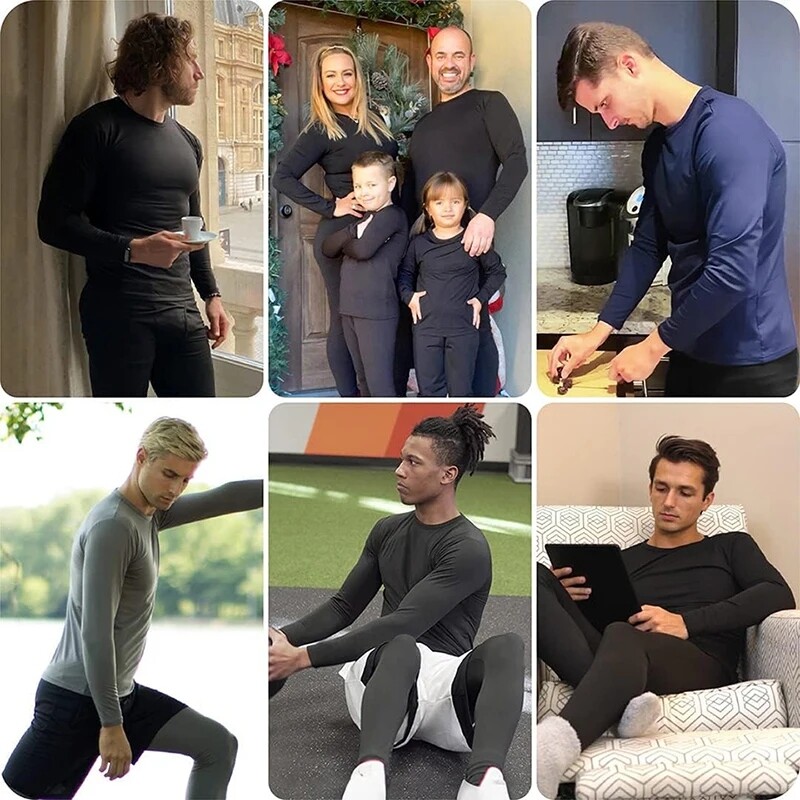 Men Thermal Long Sleeve Undershirt Keep Warm Fleece Lined Long John Thermal Sets