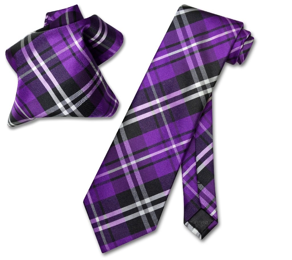Vesuvio Napoli Purple Black White PLAID NeckTie and Handkerchief Neck Tie Set