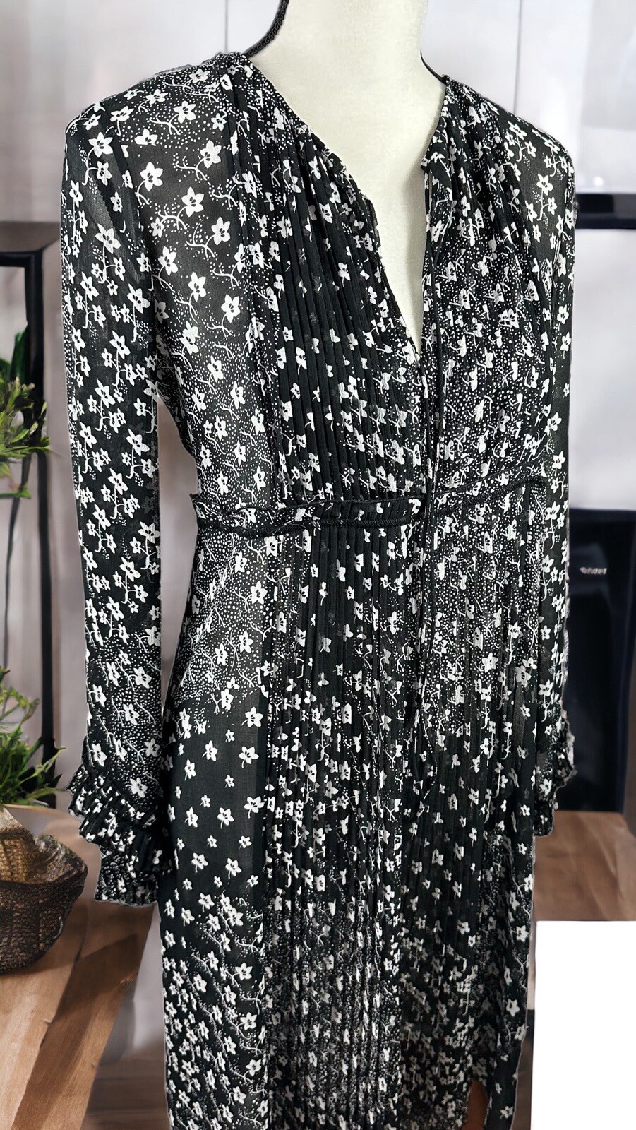 SEE BY CHLOE Dress 34 Floral Sheer Midi Black White Pleated Tie Neck Long Sleeve