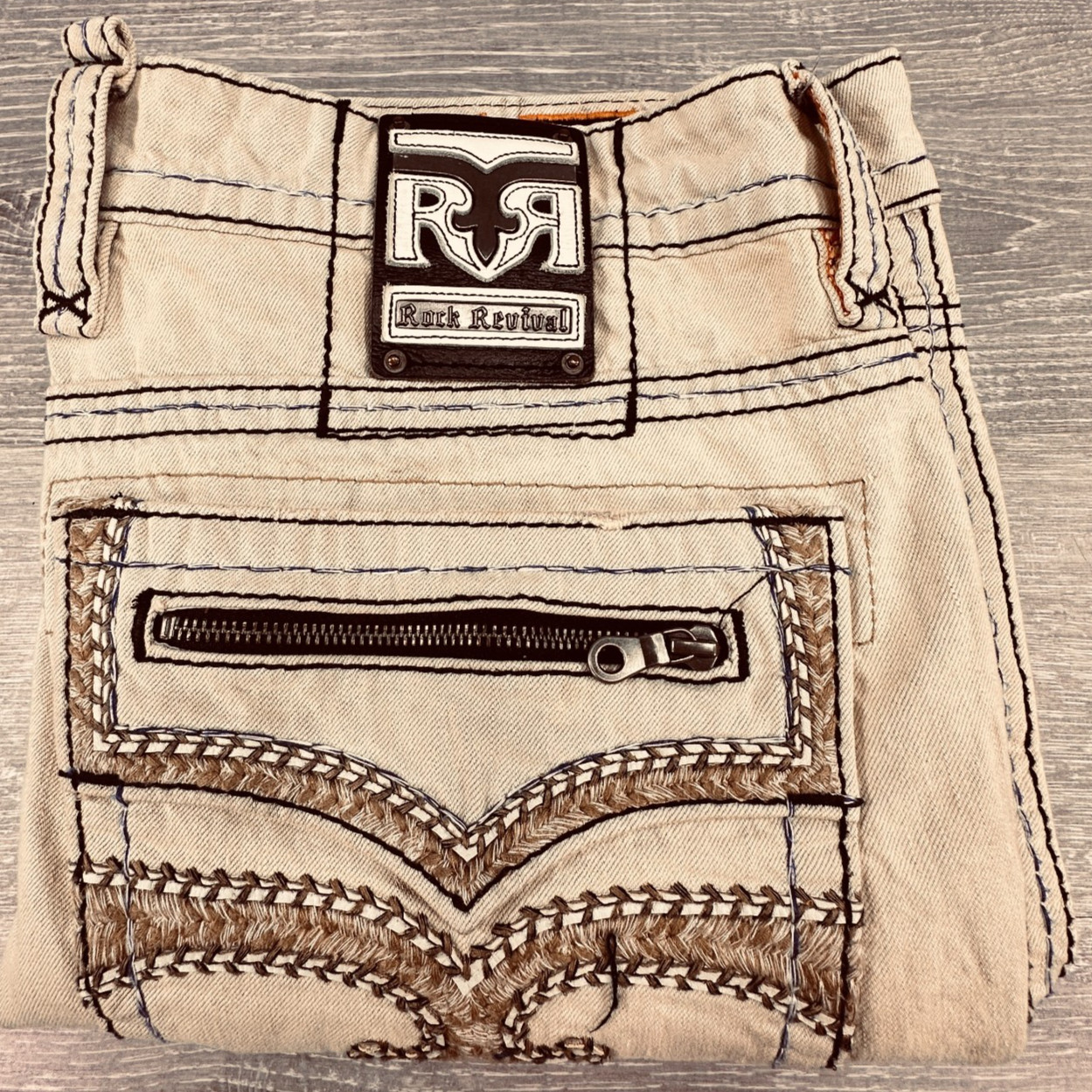 Rock Revivial Callan Biker Beige Jeans Acid Distressed Embroidery Size 38 x 33
