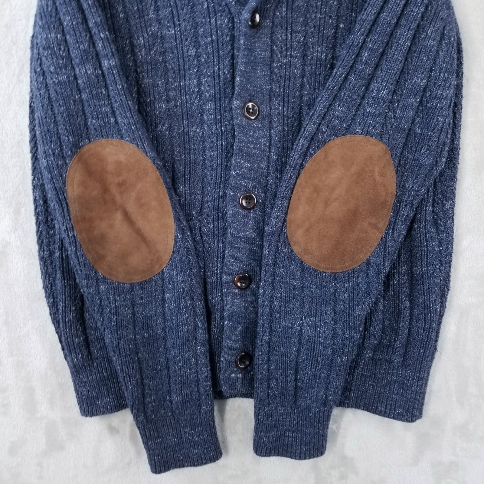 J Crew Mens Shawl Collar Cardigan Sweater Blue Cotton Elbow Patches Size M