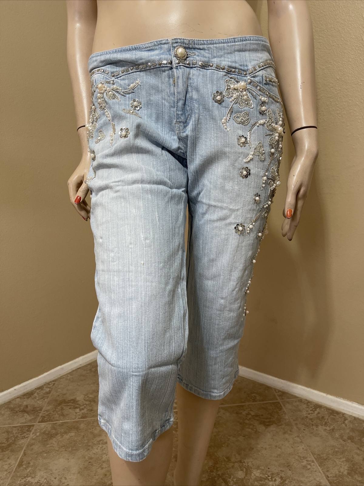 Women’s Light Blue Cotton Casual Beaded Pearls Glitter Zipper Size L Pants Capri