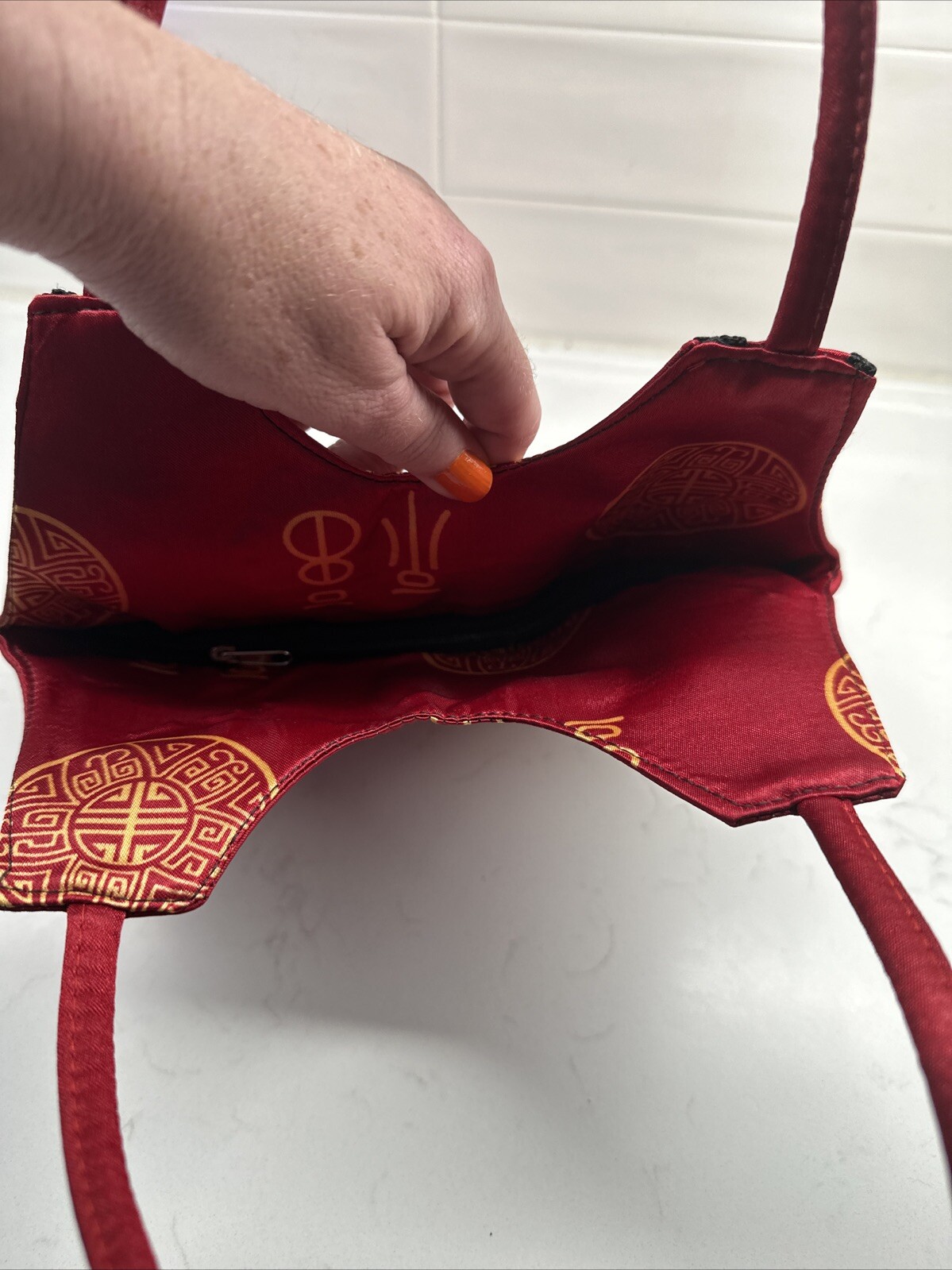Asian Design Purse Red Handbag Oriental Cheongsam Double Handle