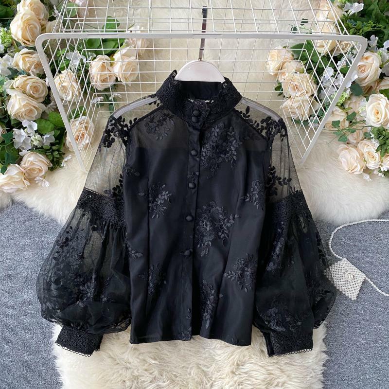 Women Lace Mesh Shirt Puff Long Sleeve Blouse Top Button Embroidered Elegant New