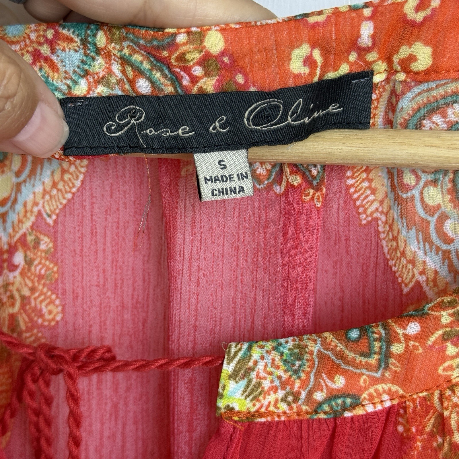 Rose & Olive Long Sleeve Tassel Sheer Top Size S Red Orange Floral Boho Layering