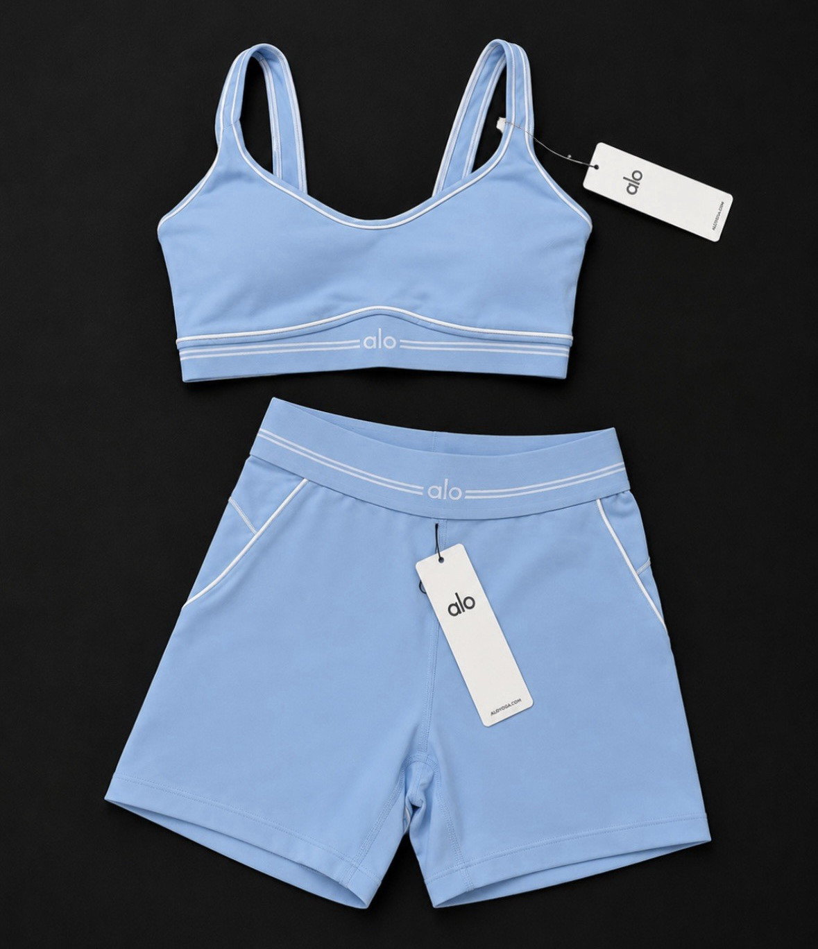 Alo Blue 2-Piece Sports Bra & Shorts Set Size L Solid Athleisure Activewear