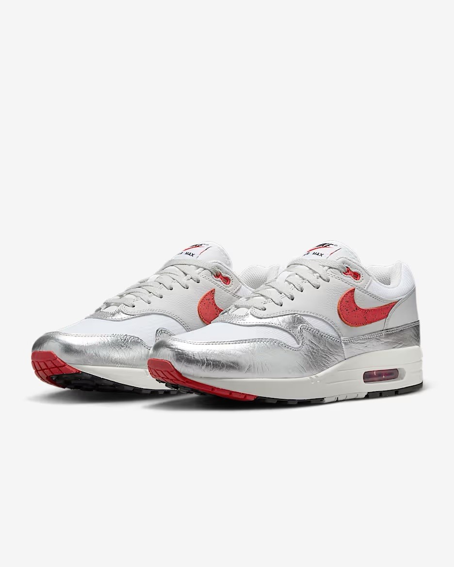 Men Nike Air Max 1 Premium Athletic Shoes White/Metallic Silver/Red HF7746-100