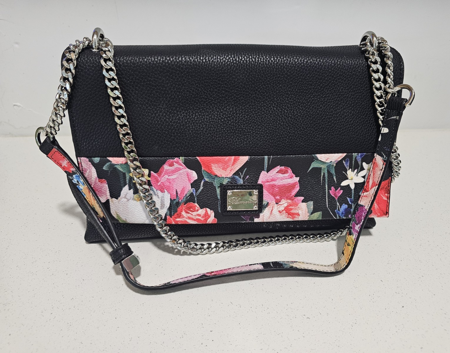 Blumarine Women’s Black Pebbled Floral Crossbody Bag, Silver Chain, Zip