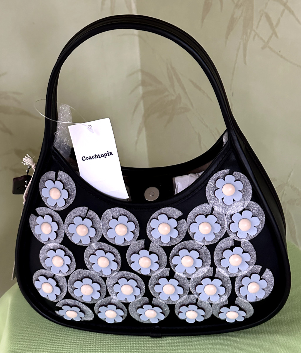 COACH COACHTOPIA ERGO BAG w/MINI FLOWER APPLIQUE:NWT BLACK/ICE BLUE CR438