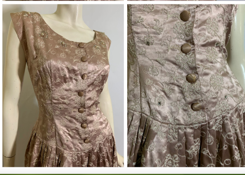 True Vintage 1950s Pale Pink Embroidered Satin Party Dress Rhinestones Pearls