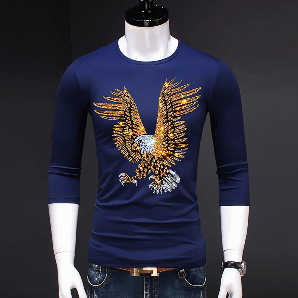 Fashion Trend Eagle Rhinestones Streetwear Long Sleeve Luxury Men V-Neck T-Shirt