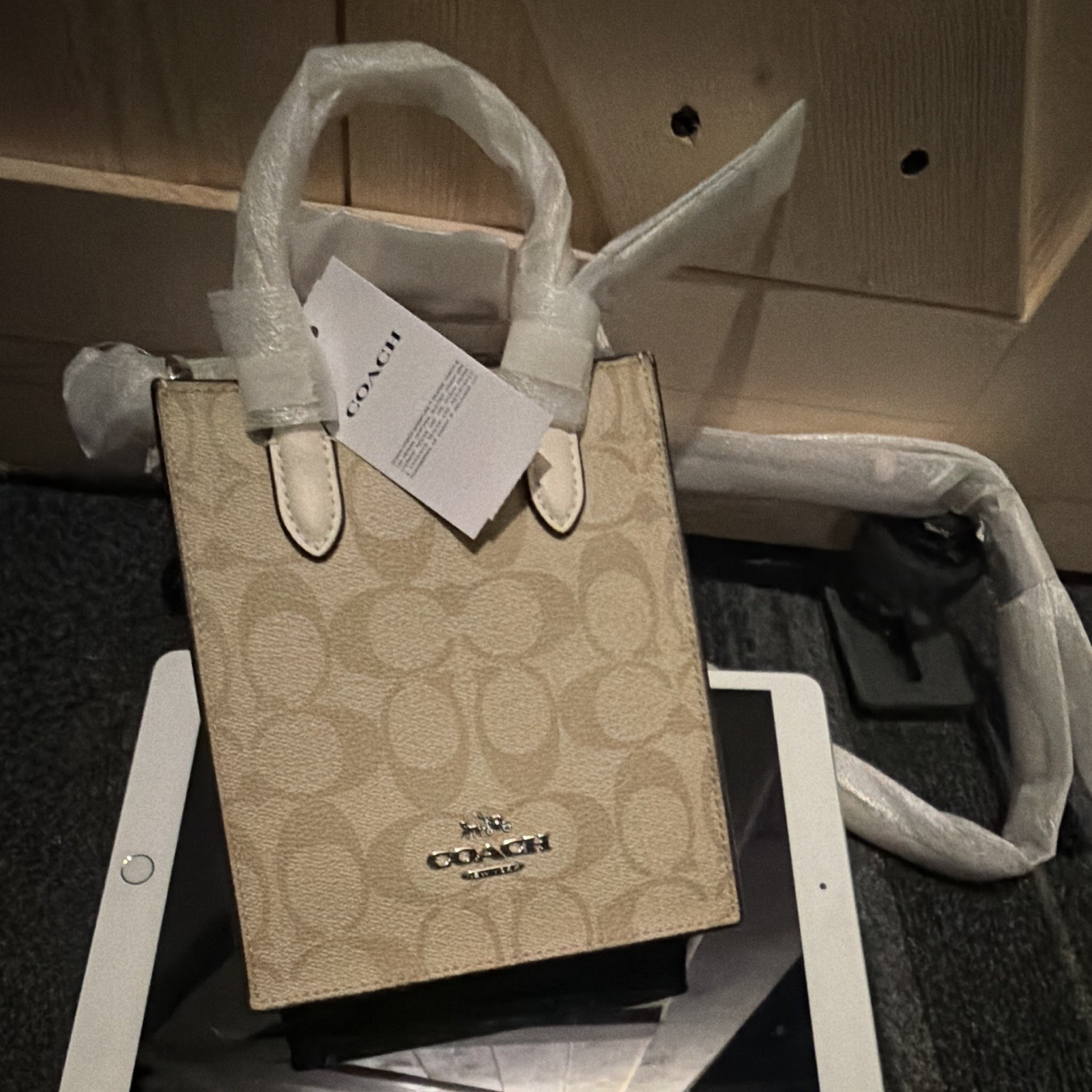 Coach Outlet Signature Mini Tote Light Khaki/Chalk Silver Hardware Strap