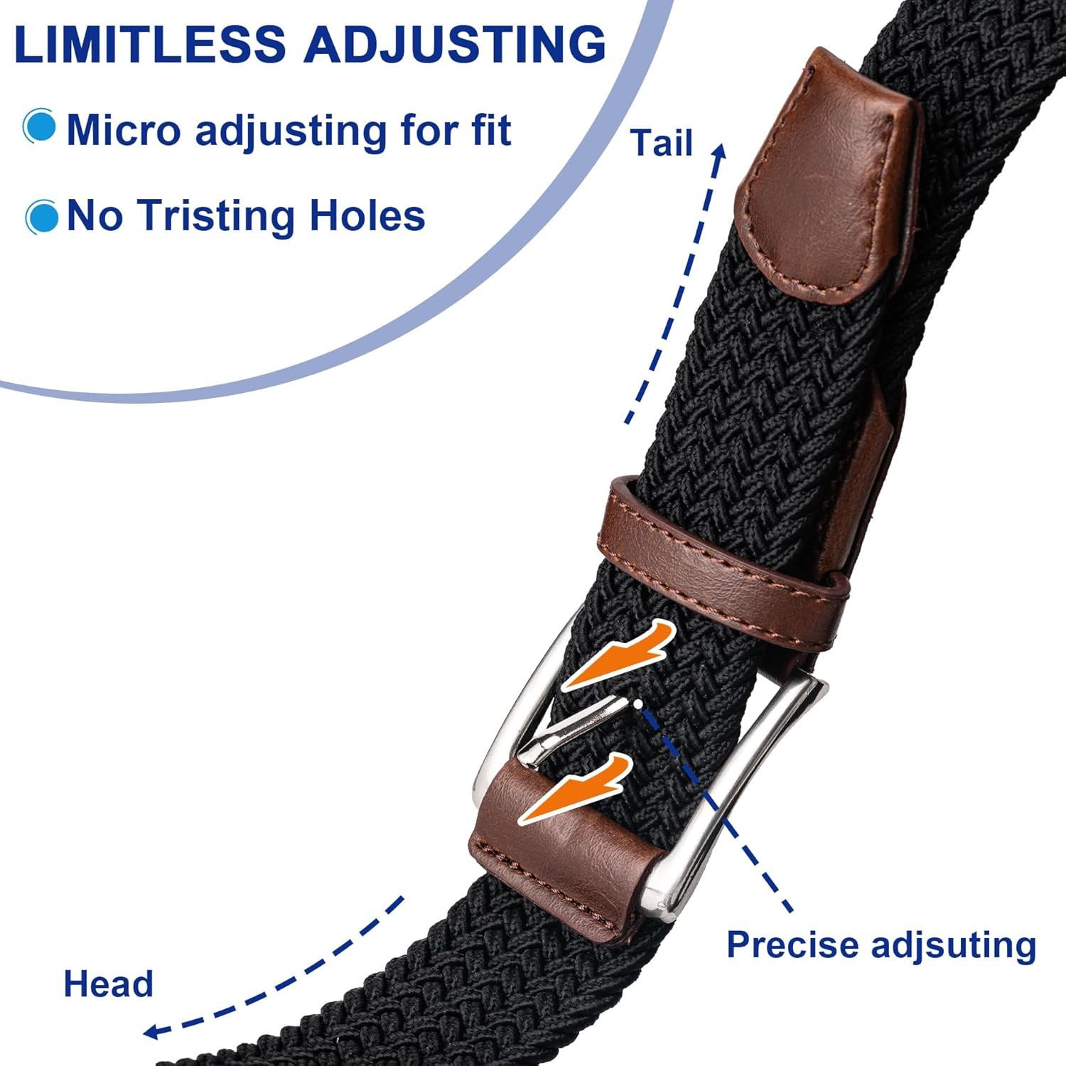 Mens Belt, Canvas Elastic Fabric 32"-36"Waist Adjustable, Black