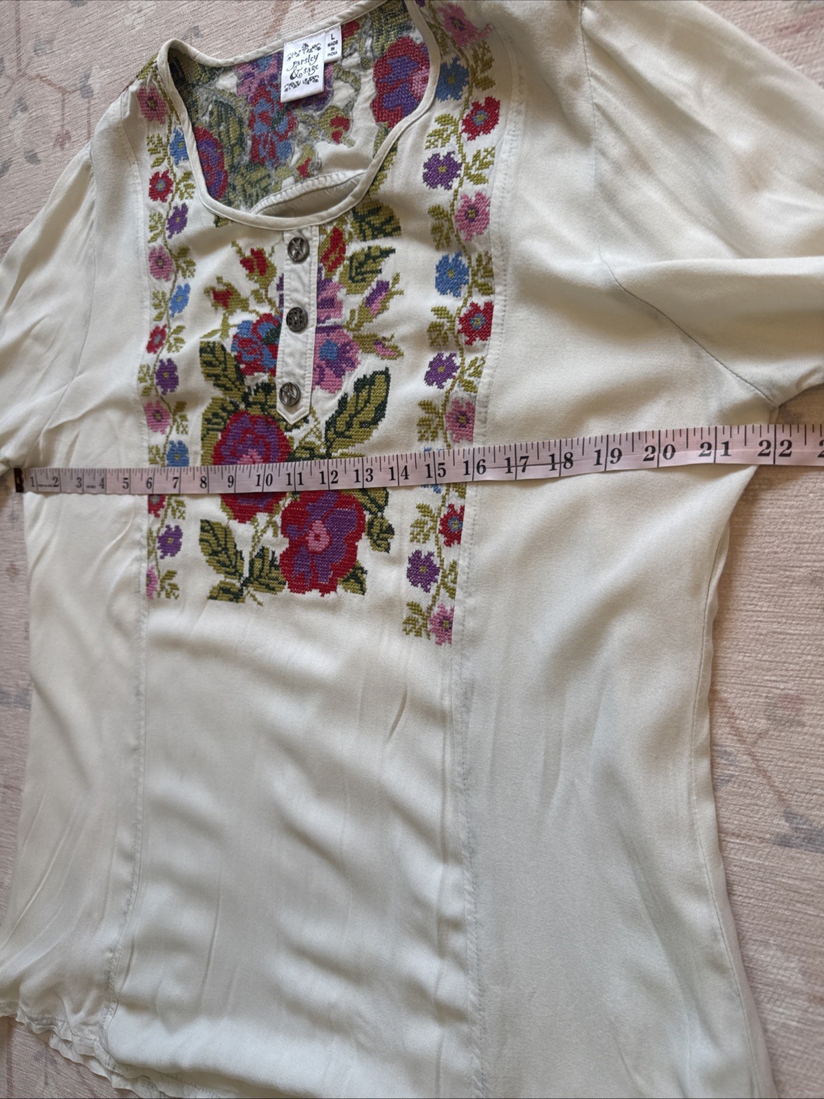 Parsley and Sage Cross Stitch Floral Bohemian Peasant Blouse Tunic Size Large