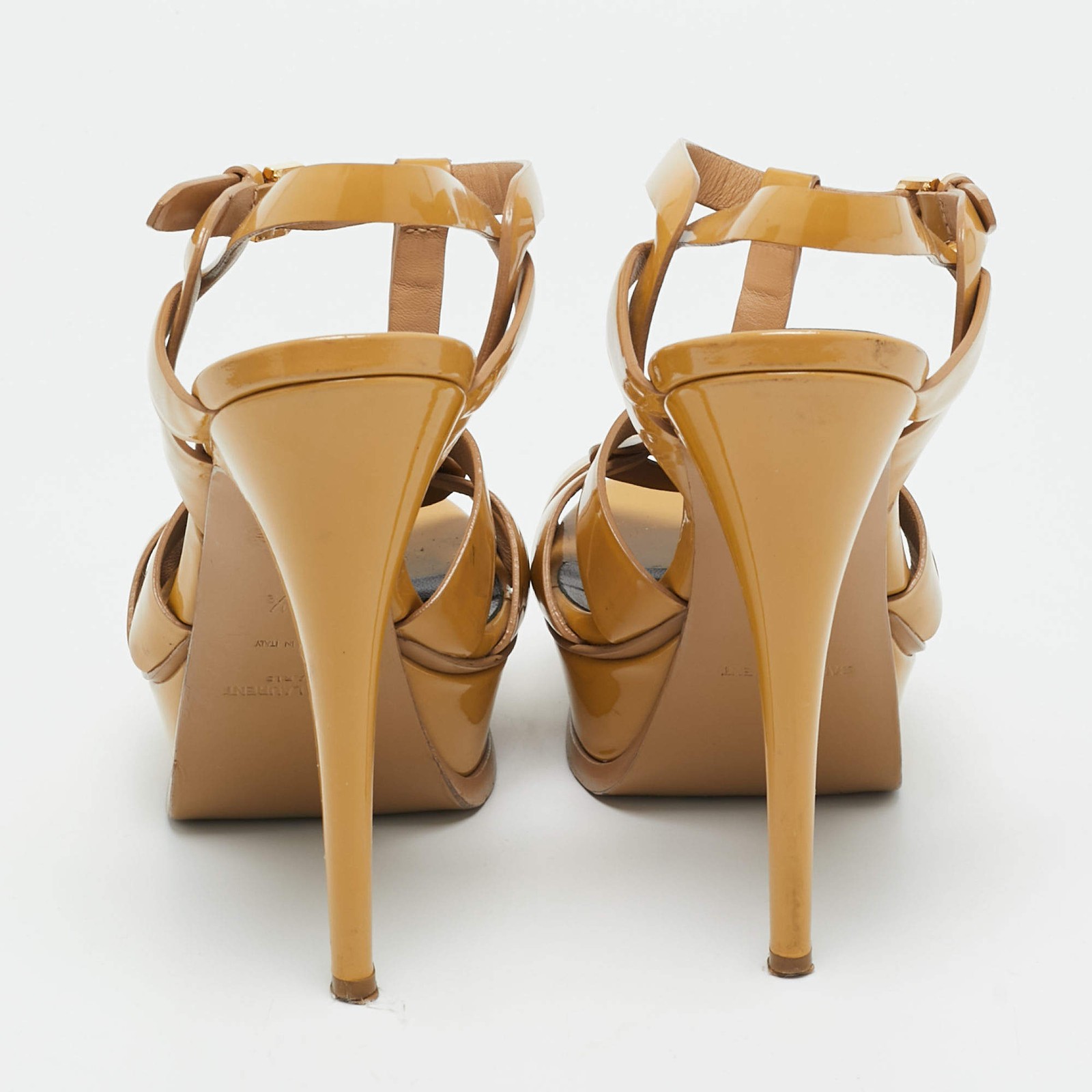 Saint Laurent Paris Tribute Size 36.5 Beige Patent Leather Platform Sandals