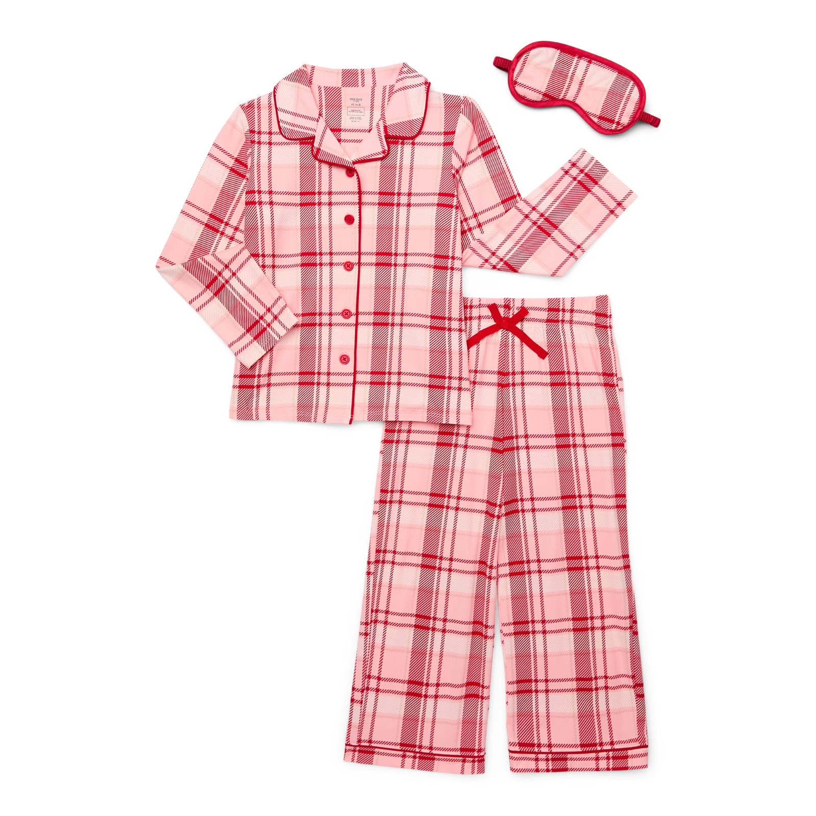 Holiday Time Girls Pajama Set Sz 7/8 Red-Pink 3-Pc with Eye Mask Plaid Sleepwear