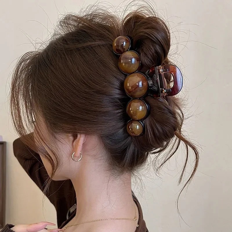 Retro Gradient Hair Claw 11cm Geometric Beaded Shark Clip Women Hair