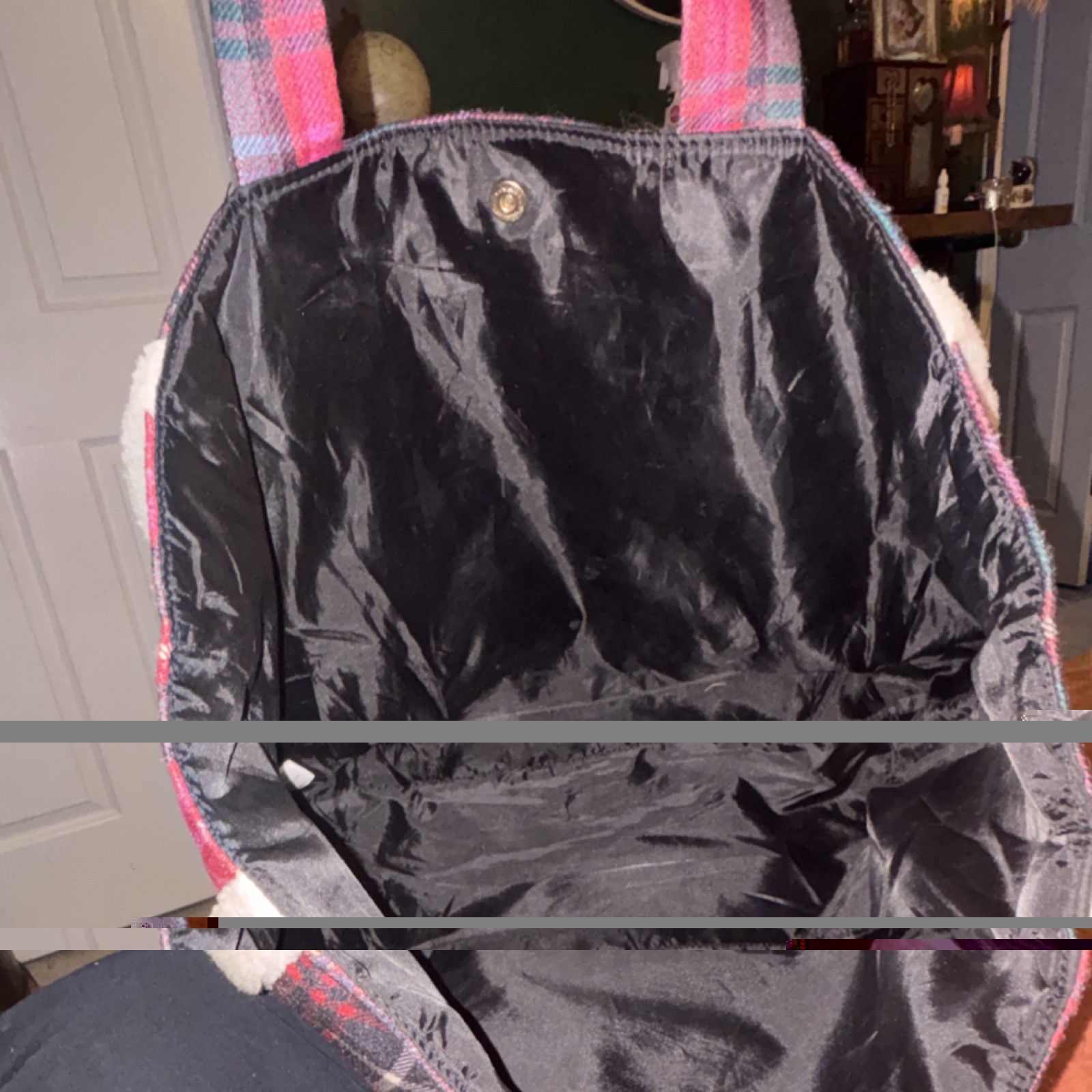 Victoria’s Secret Plaid Faux Fur Trim Tote Bag Pink Red with VS Logo for Women