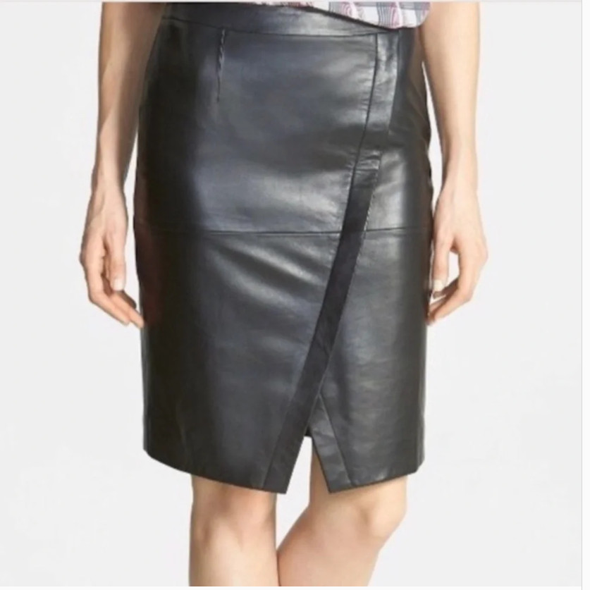 Halogen Leather Pencil Skirt Above-the-Knee with Diagonal Front Seam EUC Size 4
