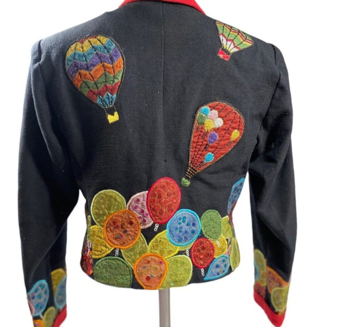 Vintage Anage Black Hot Air Balloons Button Down Jacket Sequins Patchwork 80s S