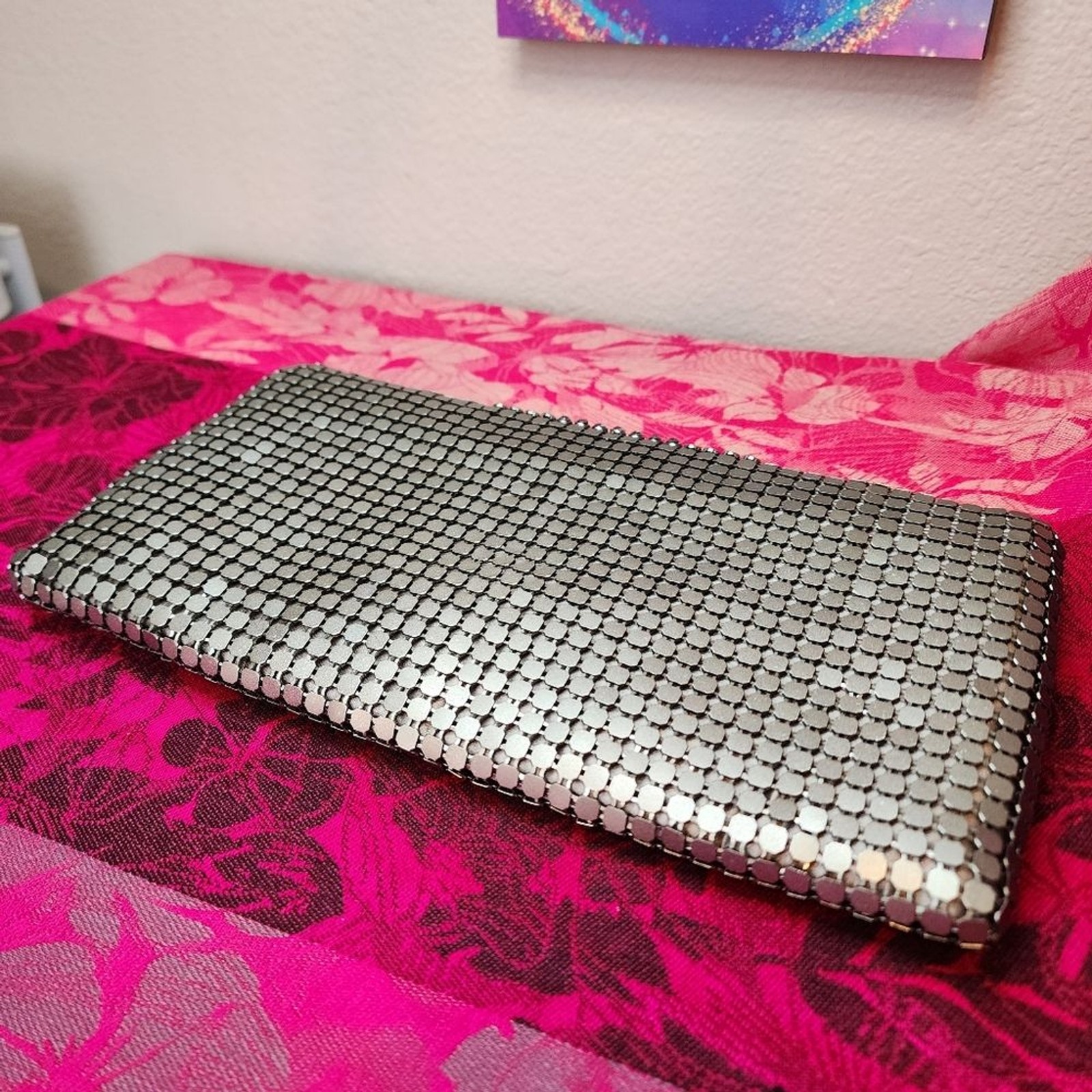 Pewter Metal Bling Chain Mail Clutch With Chain Strap.