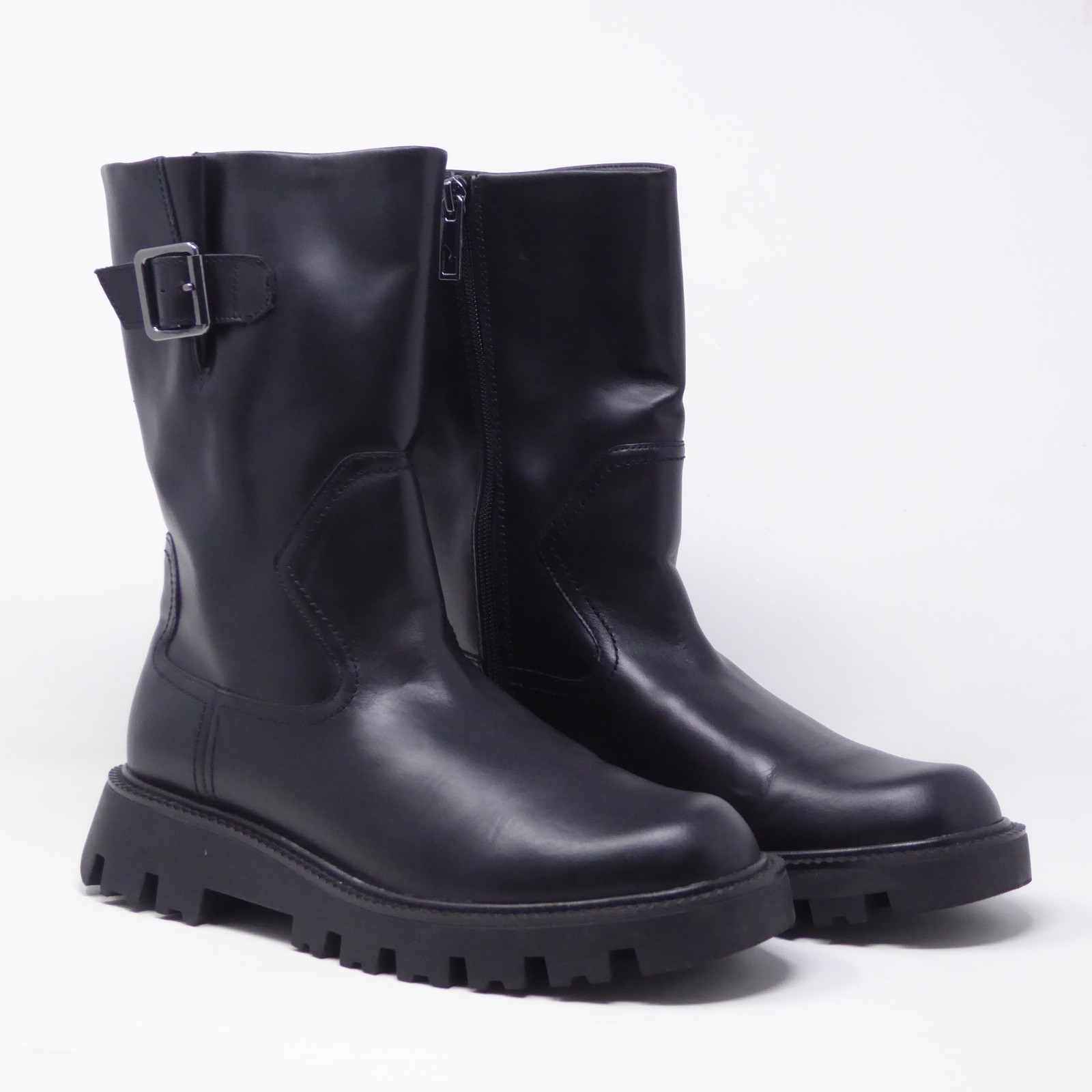 Franco Sarto Brina Womens Boots Black Leather Lug Sole Buckle Moto Size 8M