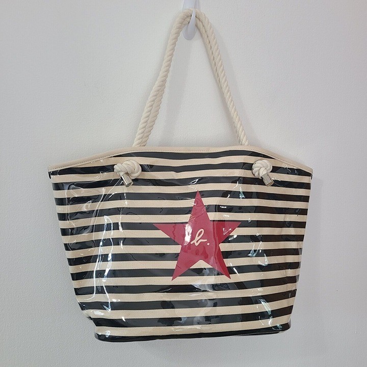 NWOT Agnes B. Striped Beige Black Canvas Vinyl Beach Tote Bag