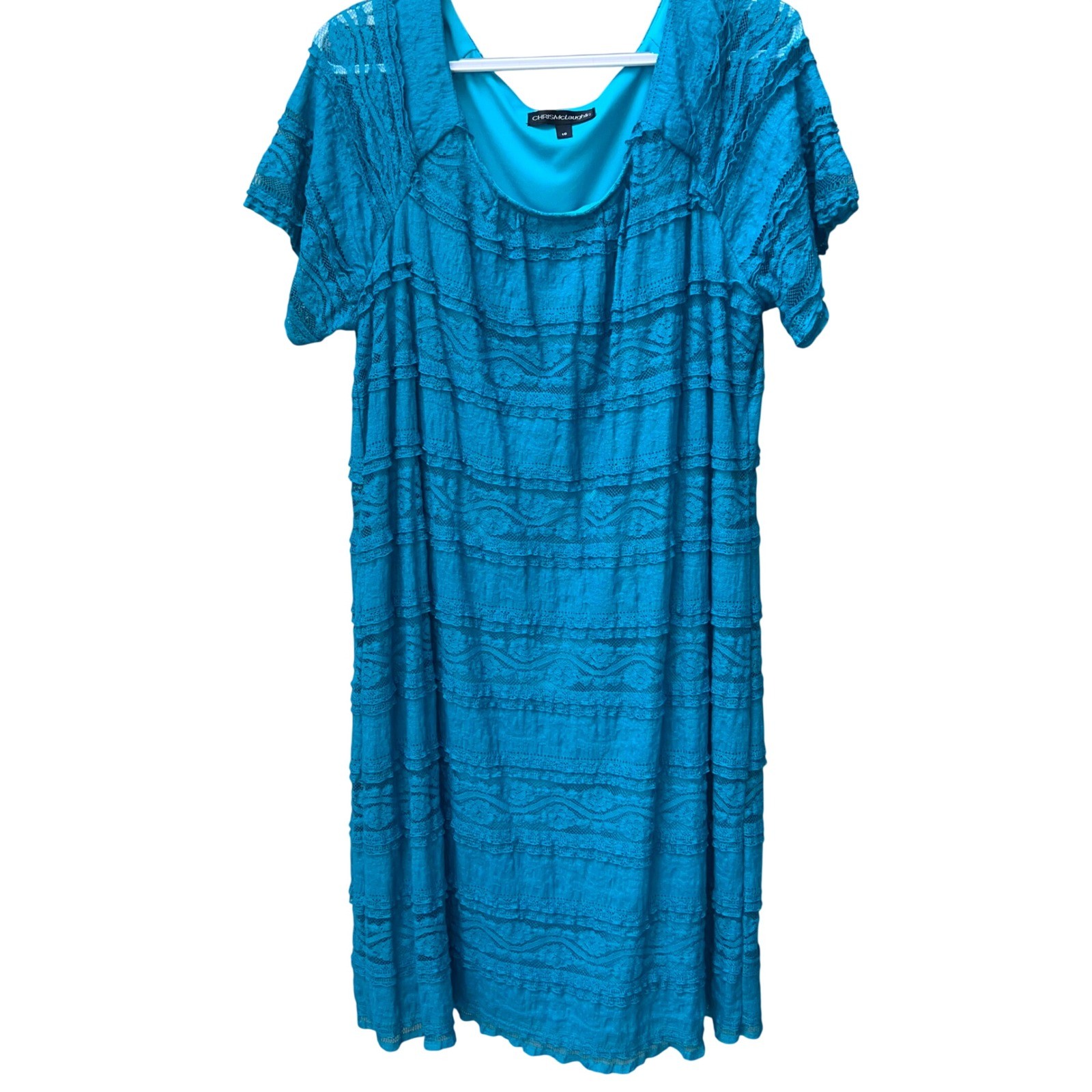 Chris McLaughlin Teal Blue Tiered Lace Sheath Dress Womens Size 18 Turquoise