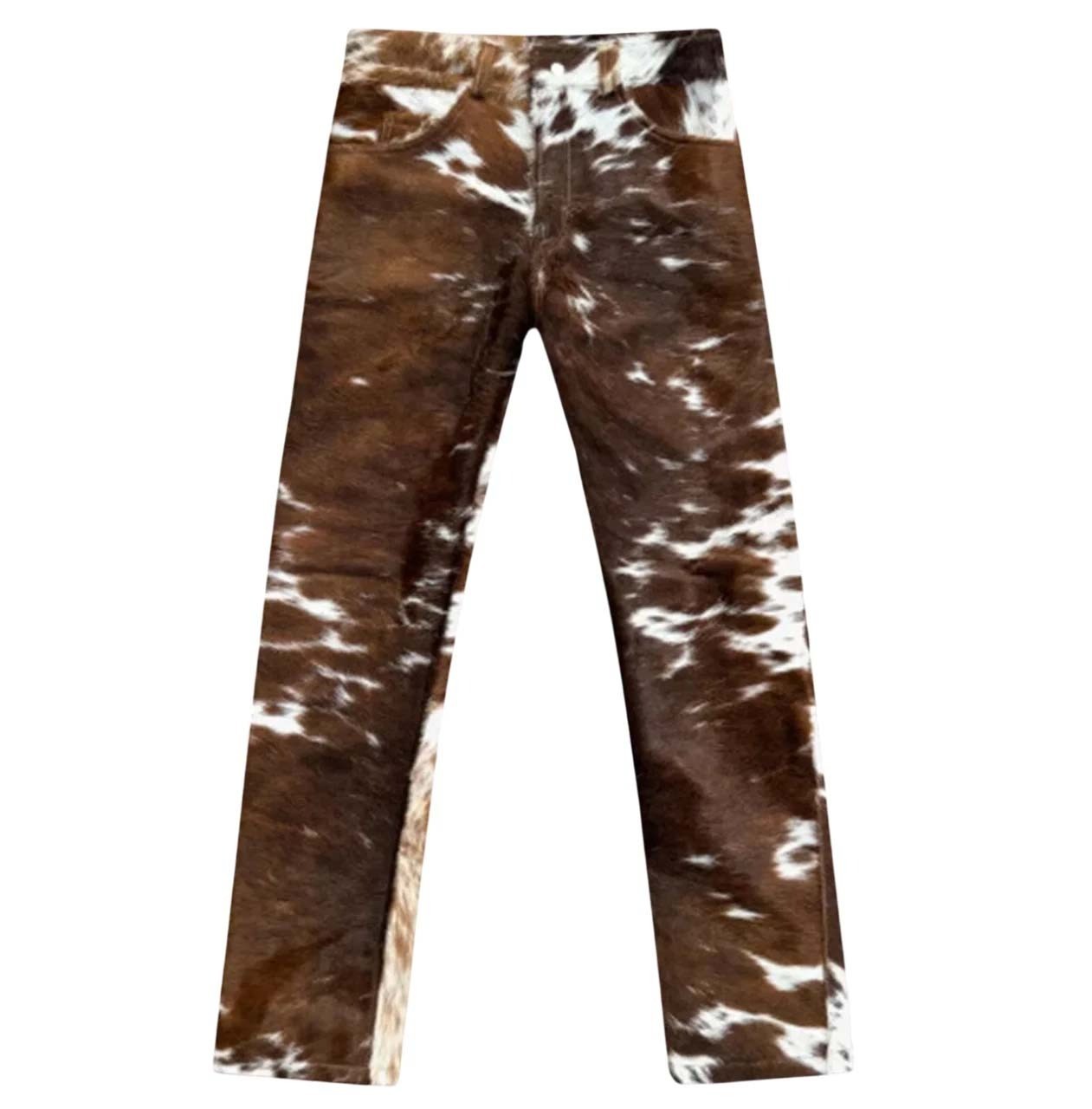 Men Genuine Cowhide Hair On Leather Pants Western Cowboy Handmade Custom Trouser