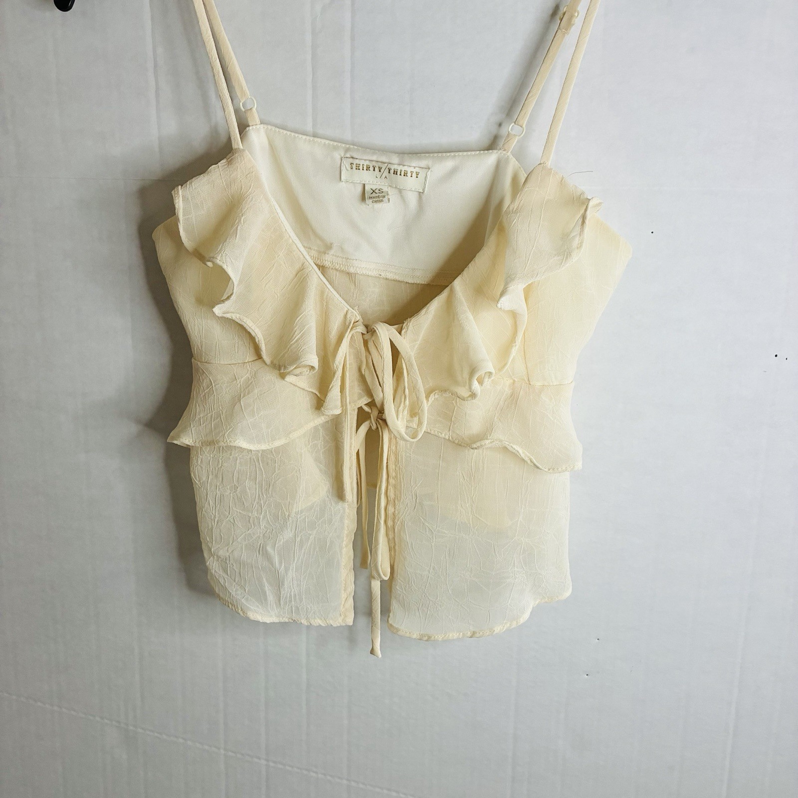 Thirty/Thirty LA Size XS ruffle Cream Lace Tie Strap Peplum Corset Crop Top NWOT