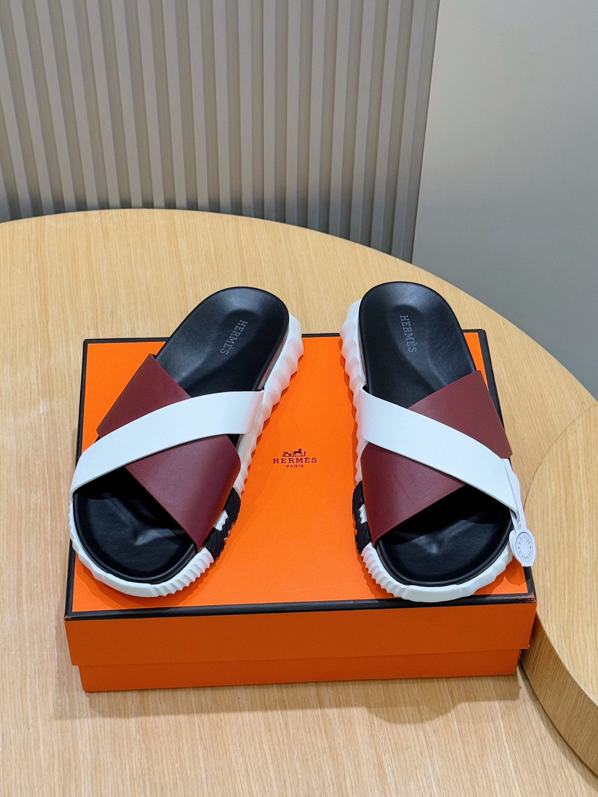 Hermes Eclair Men’s Chunky Platform Slides Burgundy & White Leather Cross Band S