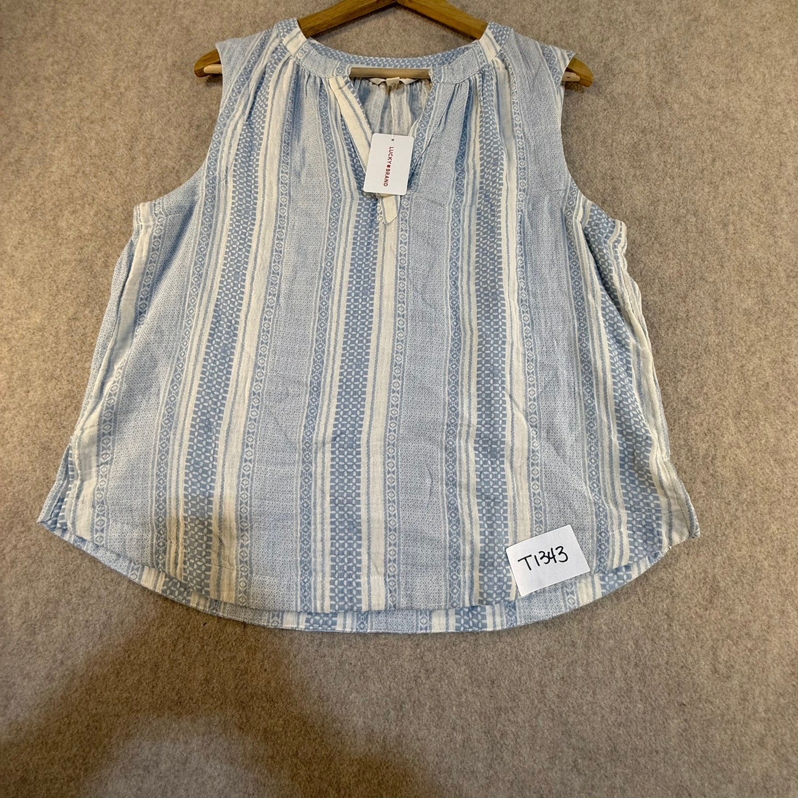 Lucky Brand Womens Small Blue White Striped Sleeveless Split Neck Blouse NEW