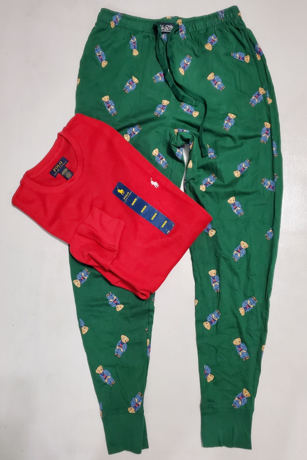 POLO RALPH LAUREN DRAWSTRING WAIST MENS POLO BEAR GREEN & RED PAJAM SET: (M)