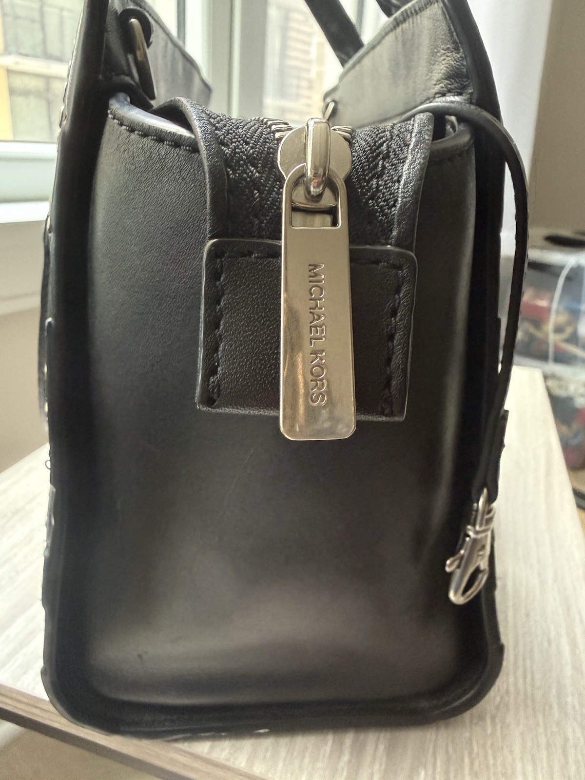 Michael Kors Selma Large Black Leather Grommet Studded Satchel Handbag Silver