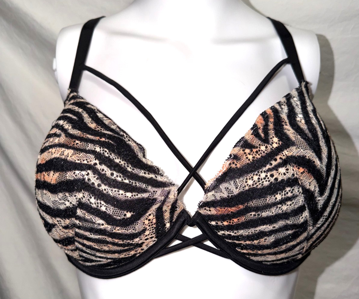 Victoria’s Secret 36DD Date Push Up Bra Black Multicolor Zebra Print Lace Bra