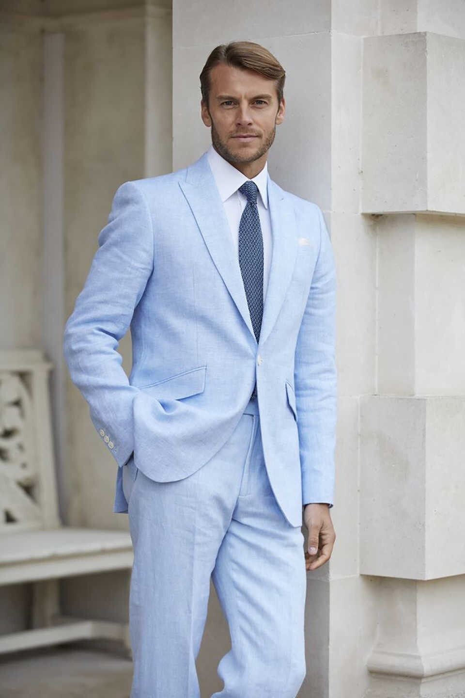 Business Linen Men Suits Single Breasted Spring Summer Wear Slim Fit Peak Lapel