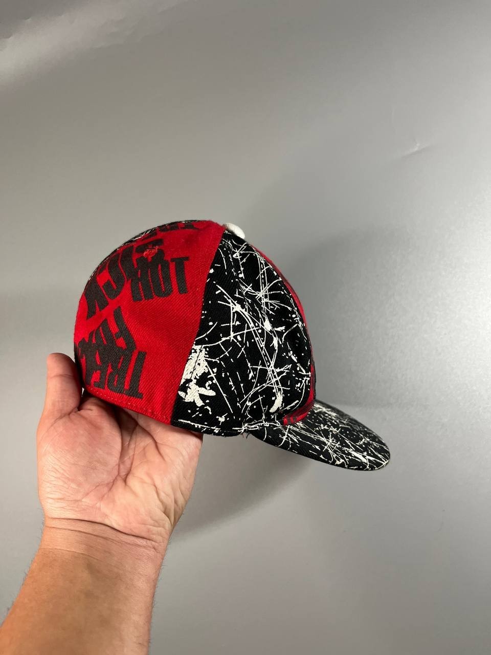 Vintage FOX RACING Snapback Hat Cap Black White Paint Splatter Red One Size VTG