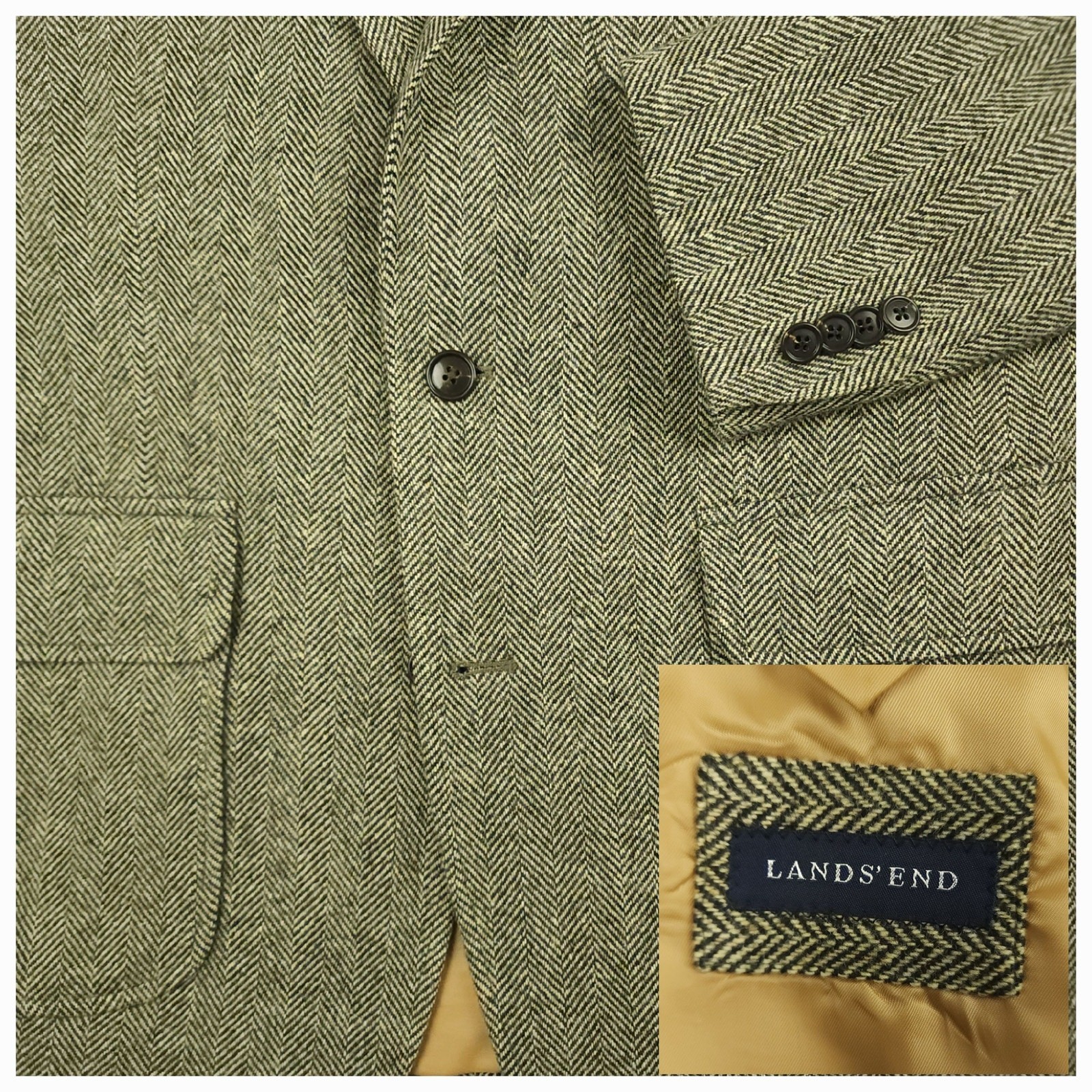 Lands End Sport Coat Mens 39R/40R Tweed Wool Ivy Prep Patch Pocket Herringbone