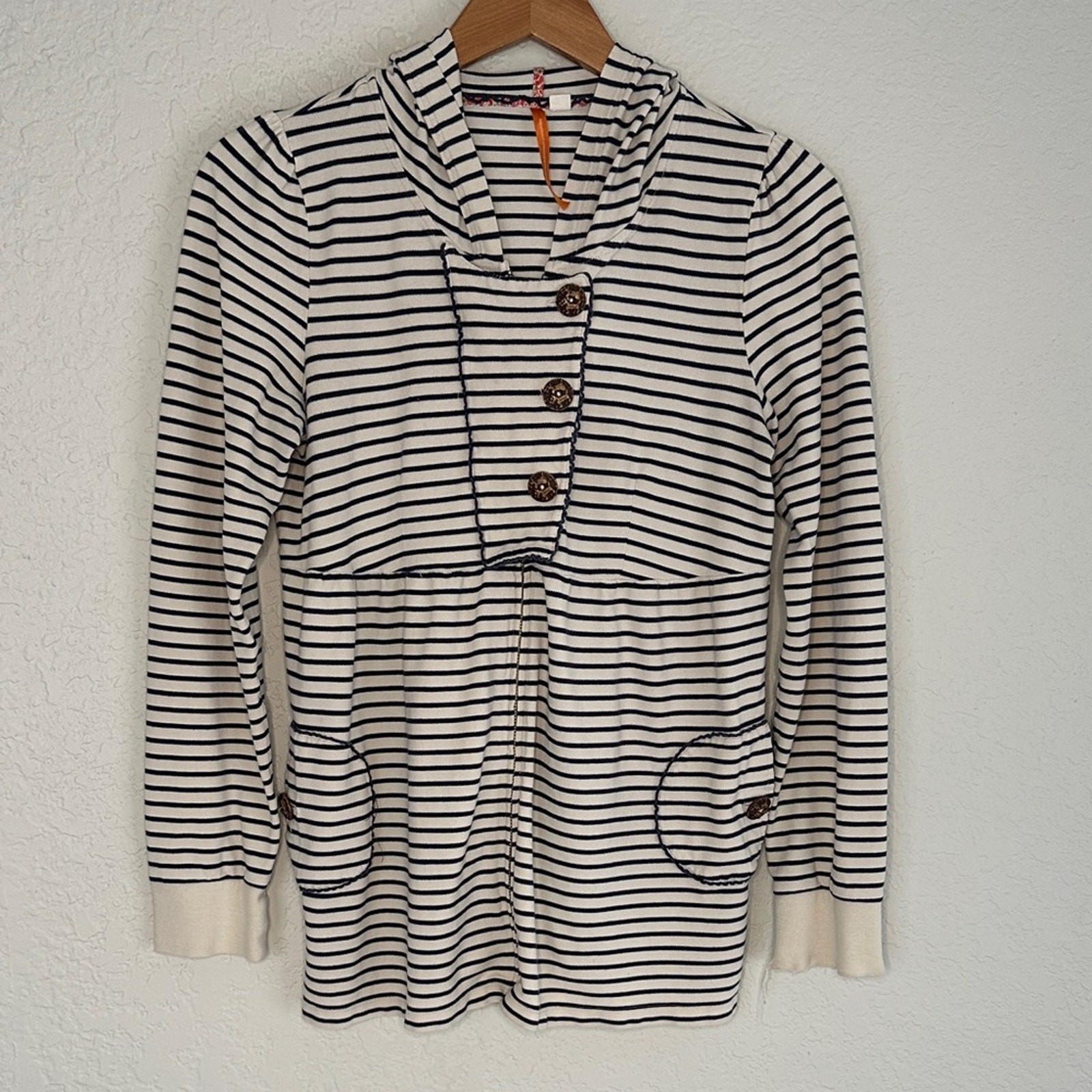 Anthropologie Stripe Full Zip Hoodie Nautical Pockets Buttons Preppy Coastal
