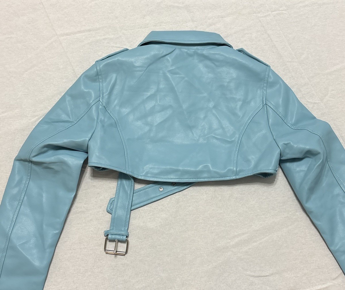 Daisy Blue Cropped Biker Jacket Belted Zipper Epaulette Women’s Size S F18