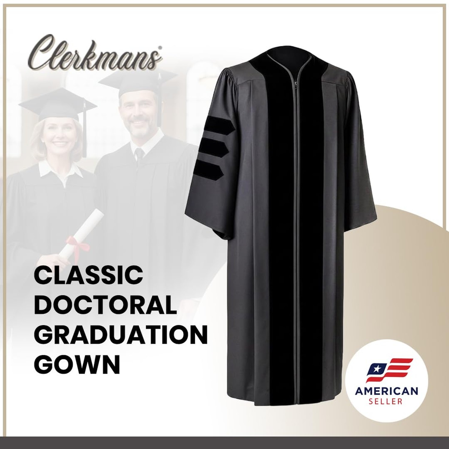 CLERKMANS Unisex Classic Doctoral PhD Graduation Gown 54 (5’9″-5’11”) Black