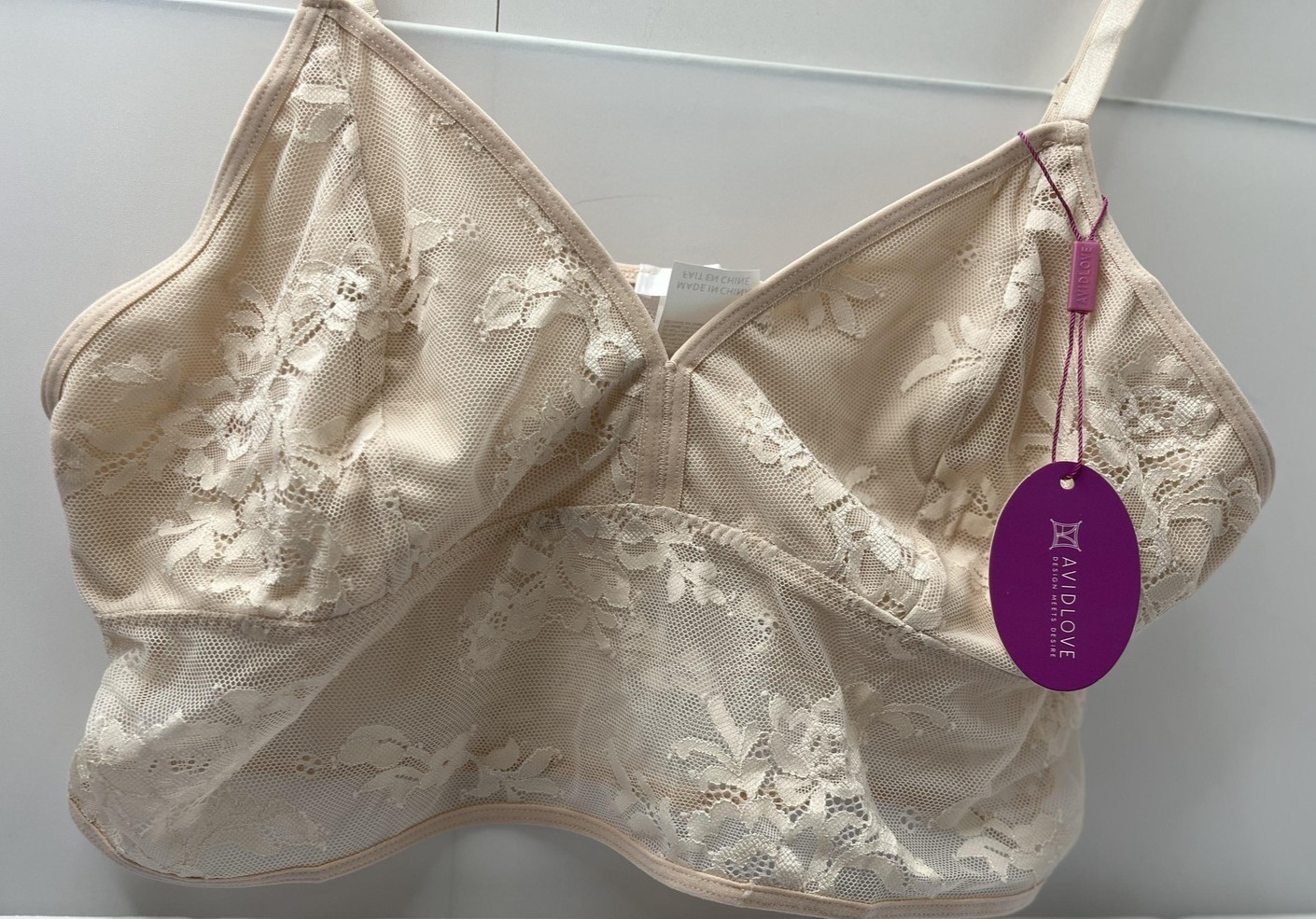 Avidlove Bra Womens XL Beige Lace Bralette Sheer Stretch Wireless Unlined