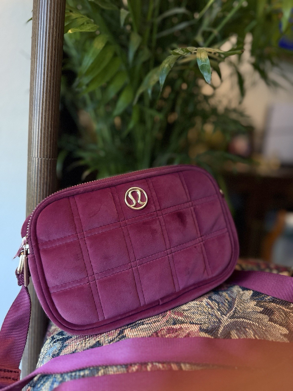 Lululemon Quilted Velvet Belt Bag Burgundy Wine Gold Logo Crossbody 1L