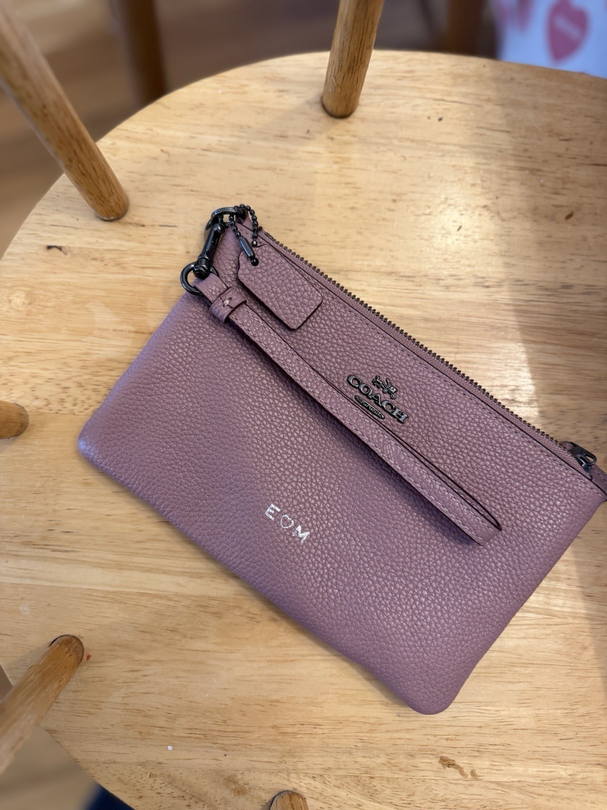 Coach Mauve Pebbled Wristlet with Hot Stamped Custom Initials, Logo, Zip Closure