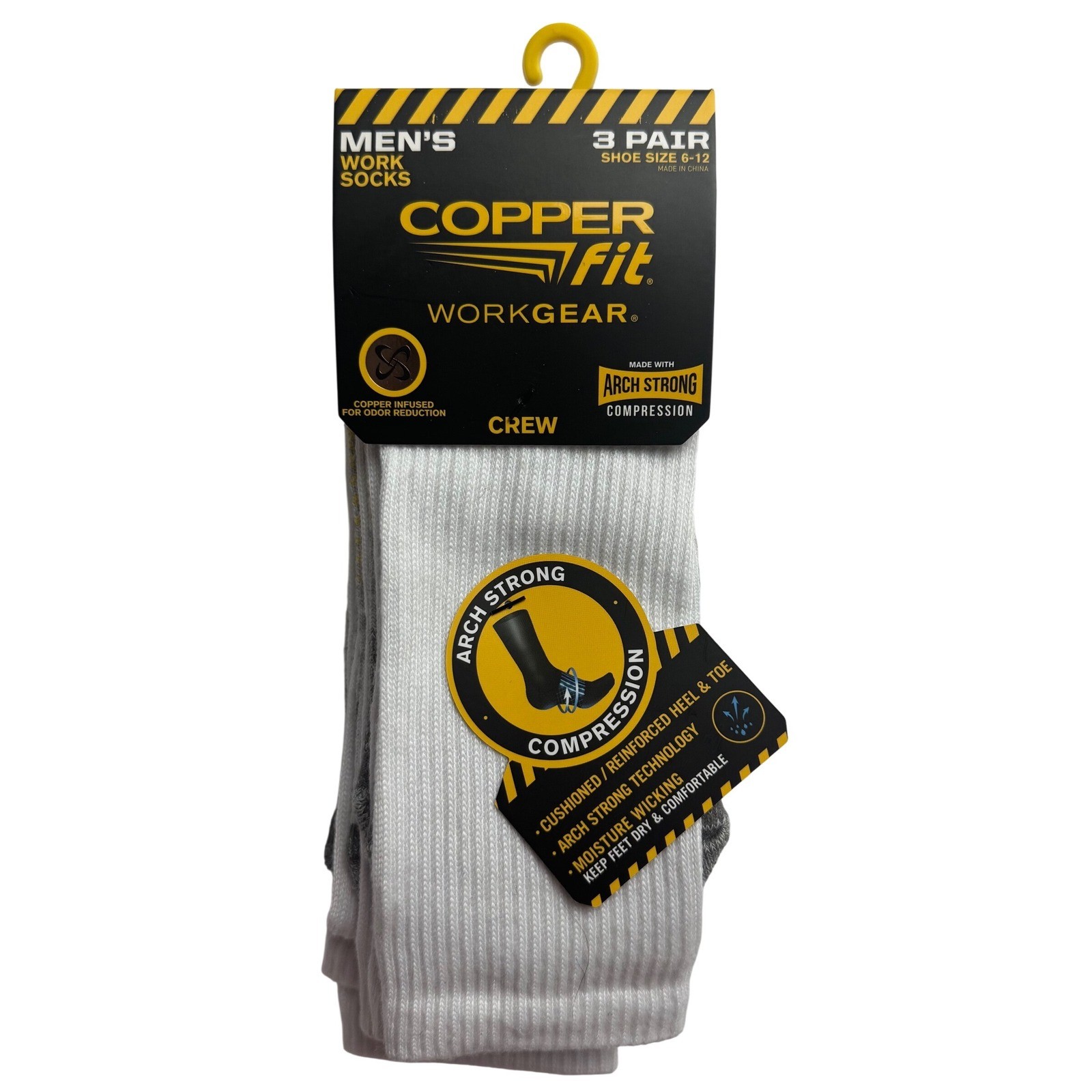 Copper Fit Workgear Mens Crew Work Socks 3 Pair Arch Compression White 6-12