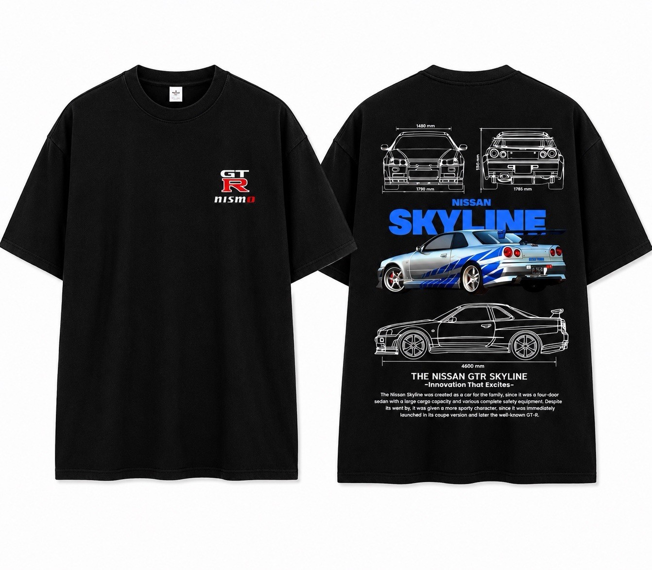 Men’s Black Nissan Skyline GT-R R34 Nismo Graphic Logo Crew Neck T-Shirt L