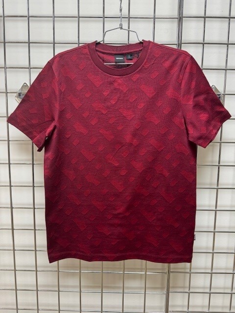 NEW-MEN’S HUGO BOSS T-SHIRT WITH MONOGRAM JACQUARD, #50503121, DARK RED $148.00
