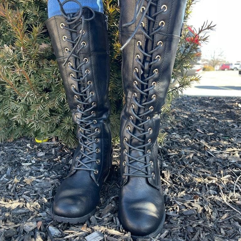 New Black/Gold Lace Up Military Combat Moto Boots Below Knee High Low Block Heel